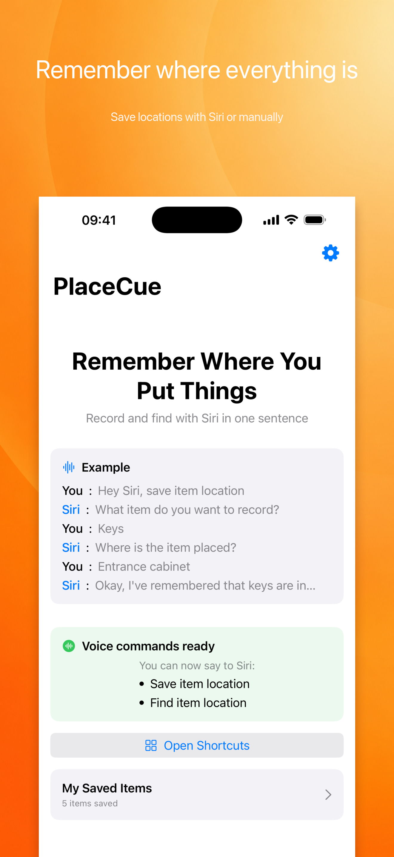 PlaceCue app interface in English